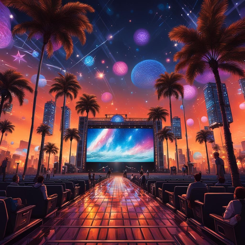 Cyberpunk Concert with Sunset and Stars