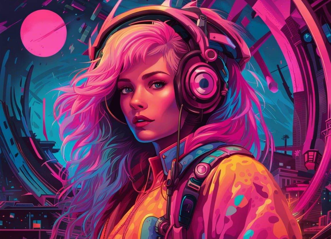 80s Pink headphones girl Vaporwave