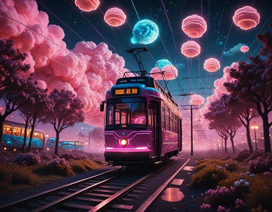 A dreamy, surreal illustration of a glowing tram traveling through a dreamscape at night. The tram floats on invisible r...