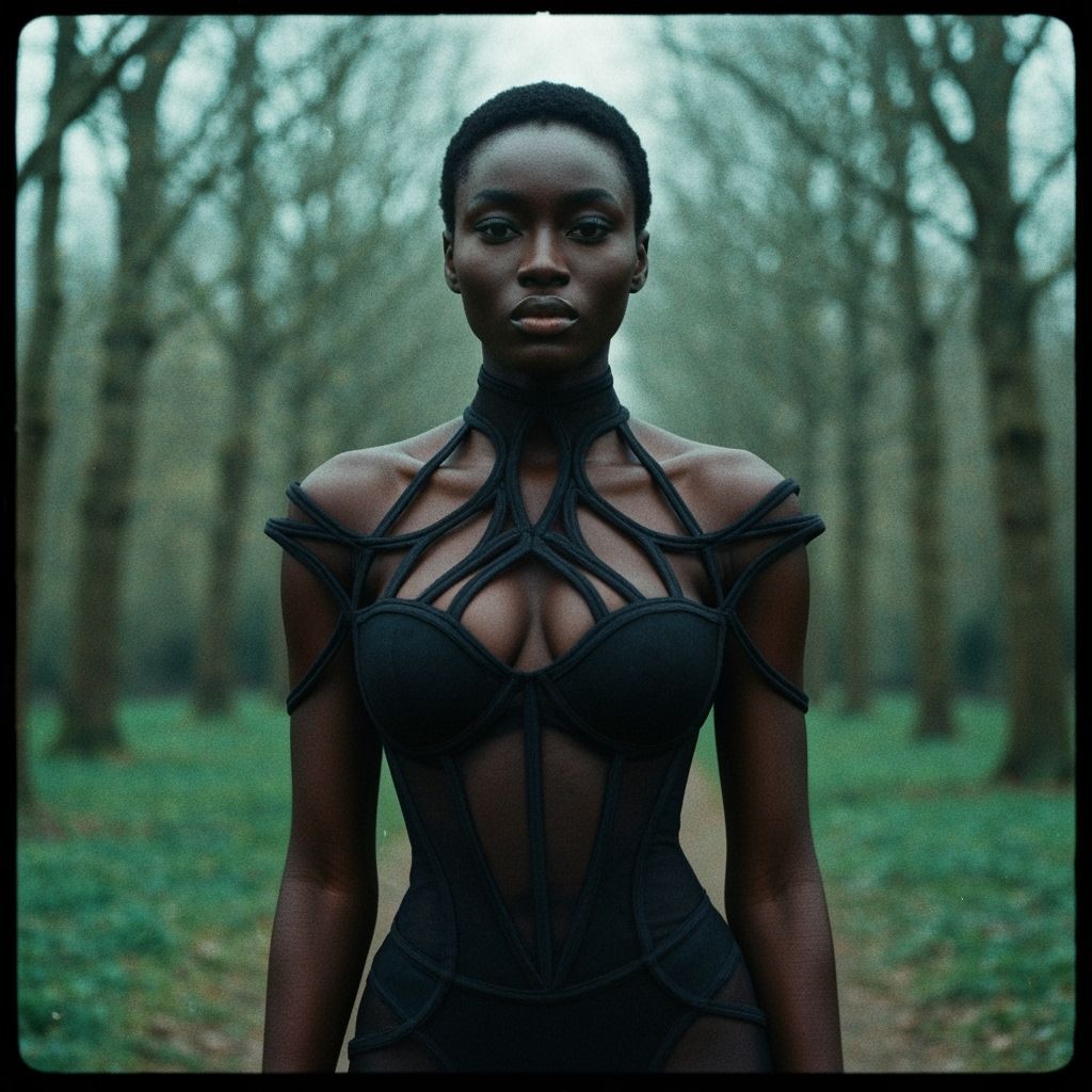 Black Woman in Avant-Garde Attire in English Ash Forest