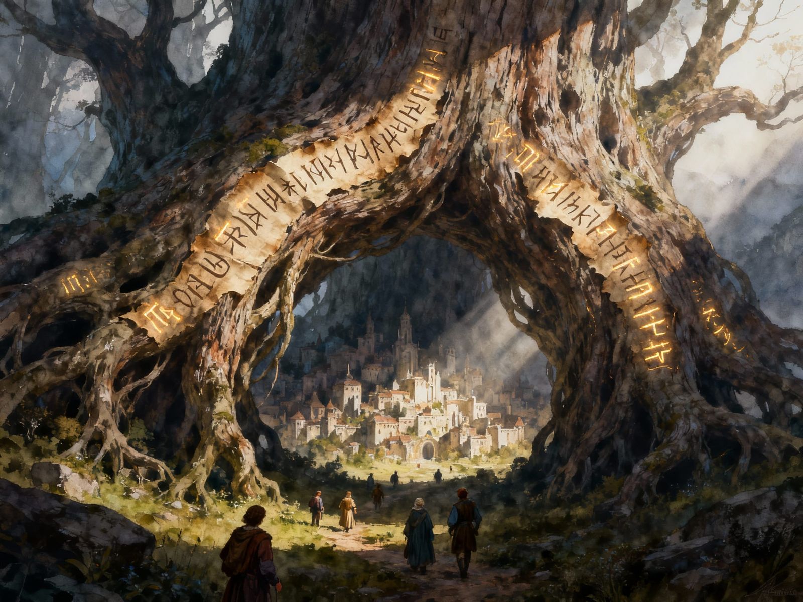 Ancient Tree City Portal with Figures in Dramatic Light