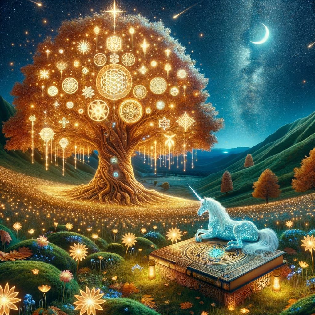 Glowing Tree of Life in Moonlit Autumn Landscape