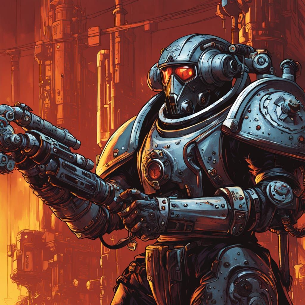 Warhammer 40k Tech-Priest in Crimson Power Armor with Mechad...