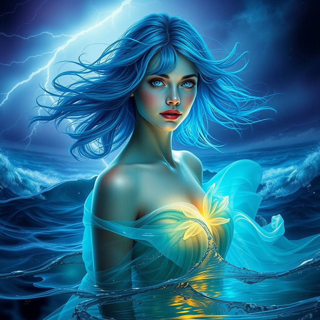 Blue-Haired Woman in Storm, Art Nouveau Style