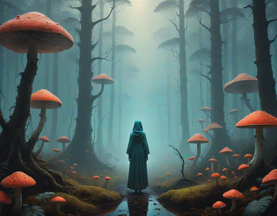 Woman in Mystical Forest, Surrounded by Glowing Mushrooms, i...
