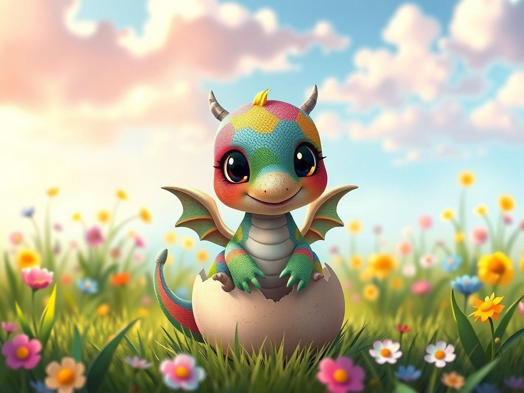 Cute Patchwork Dragon Hatchling in Spring Field