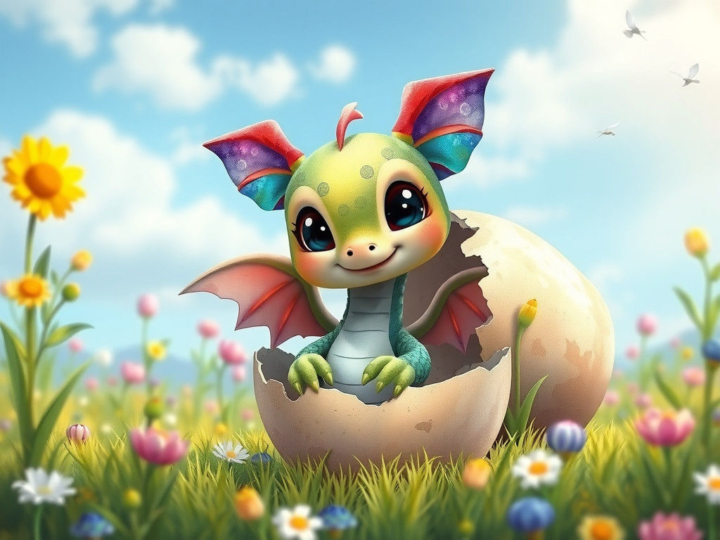 Cute Patchwork Dragon Hatchling in Spring Field