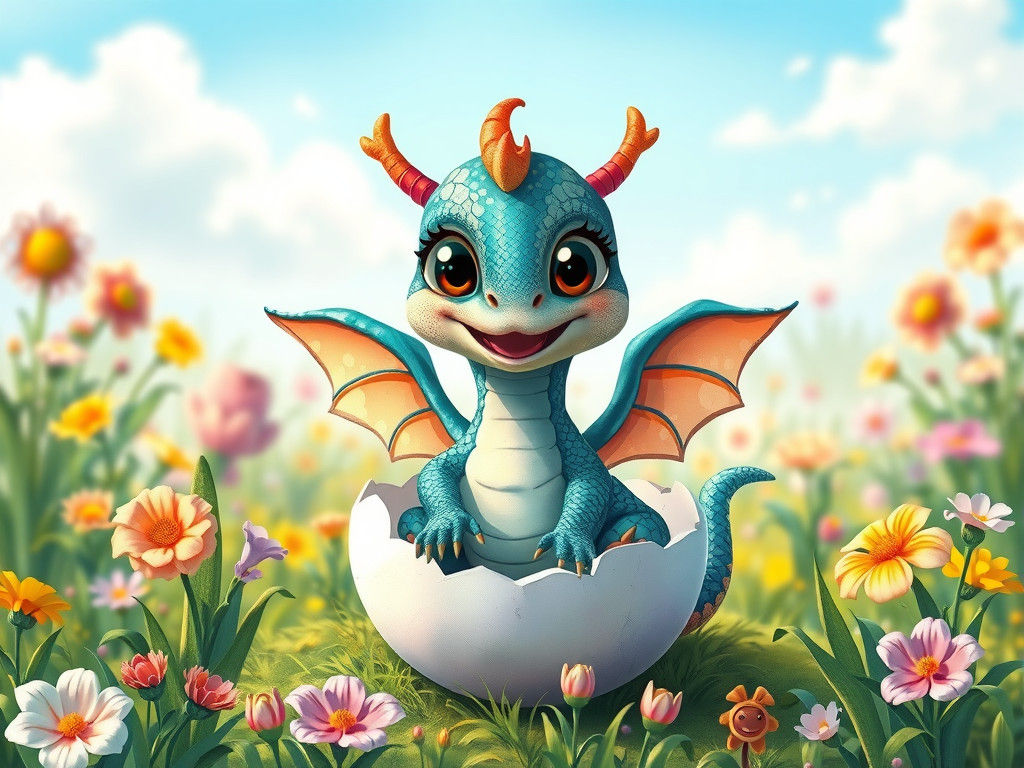 Cute Patchwork Dragon Hatching: Digital Art Illustration
