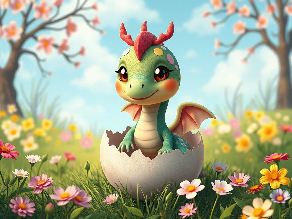 Adorable Cartoon Dragon Emerges in Spring Field