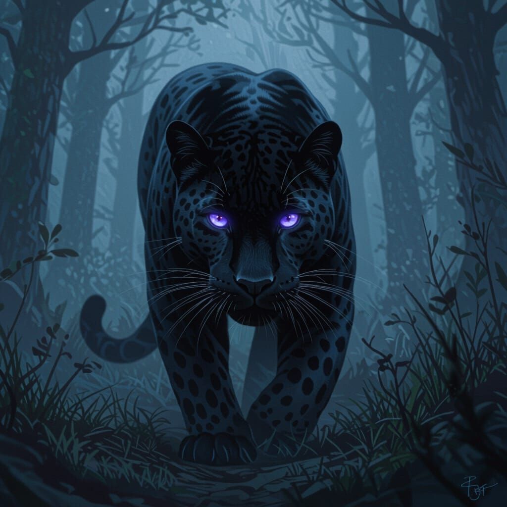 Black Leopard with Lavender Eyes in Misty Forest