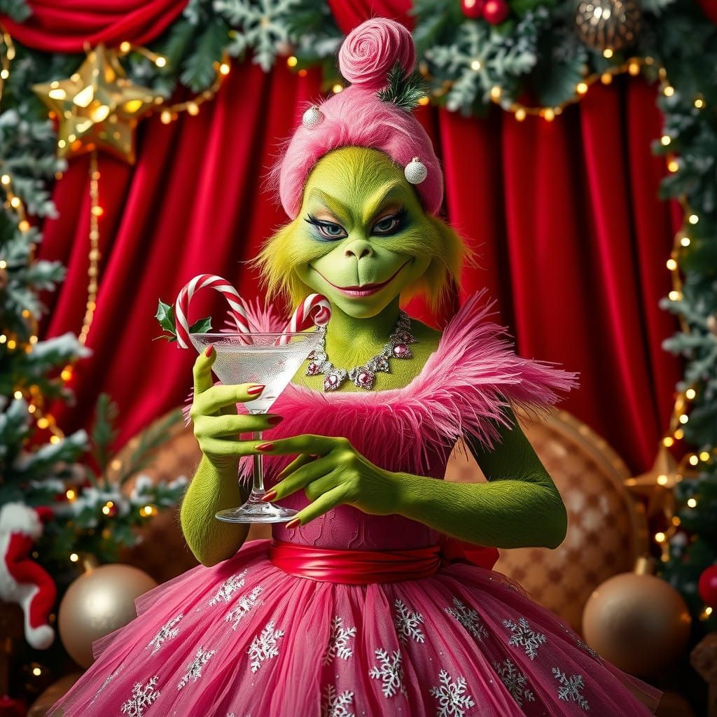 Haute Couture Grinch Mother Sips Sparkling Candy Cane Martin...