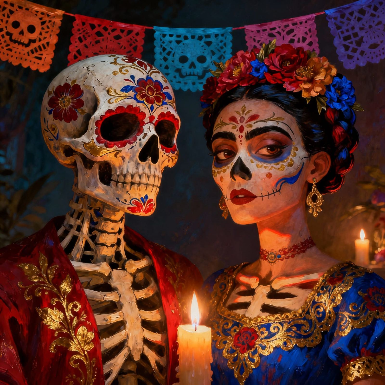 Vibrant Sugar Skull Couple in Folk Art Style