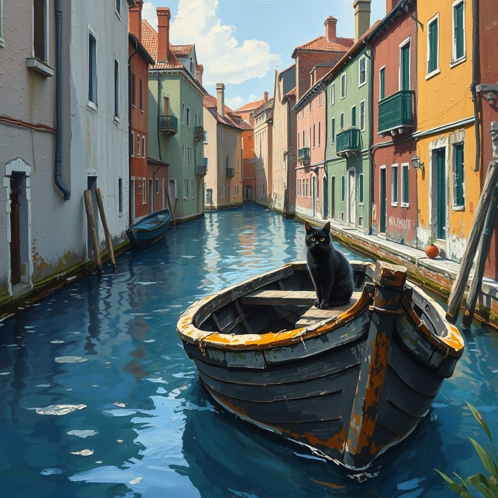 Surreal Canal Scene in Hayao Miyazaki Style with a Black Cat