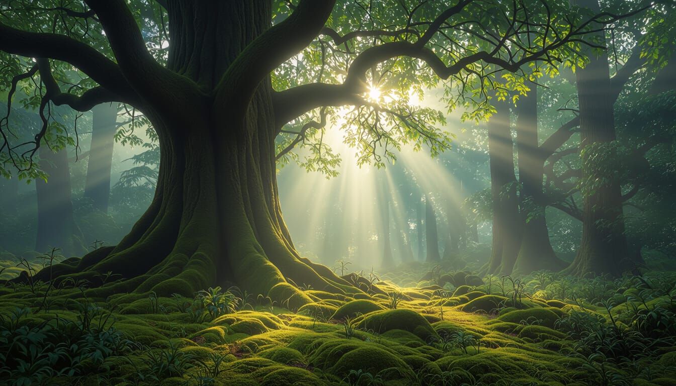 Mystical Forest Sun Rays Desktop Wallpaper