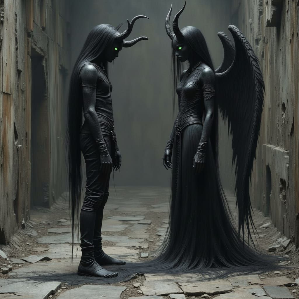 Monotone Portrait of Woman and Demon