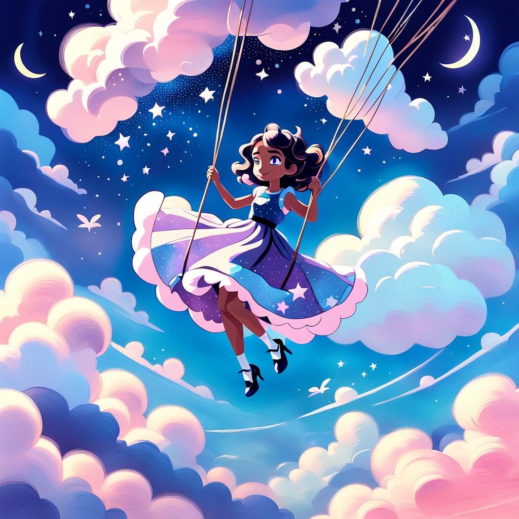 Girl on Cloud Swing: Dreamy 3D Digital Art