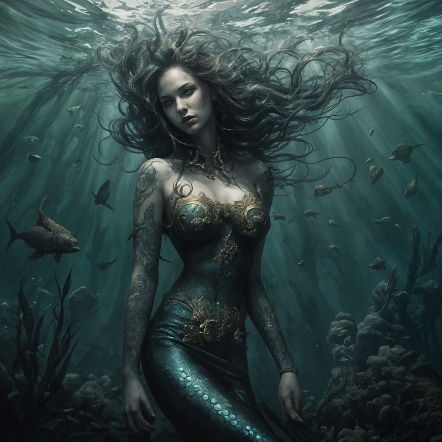 Gothic Mermaid Underwater: Hyperrealistic and Alluring