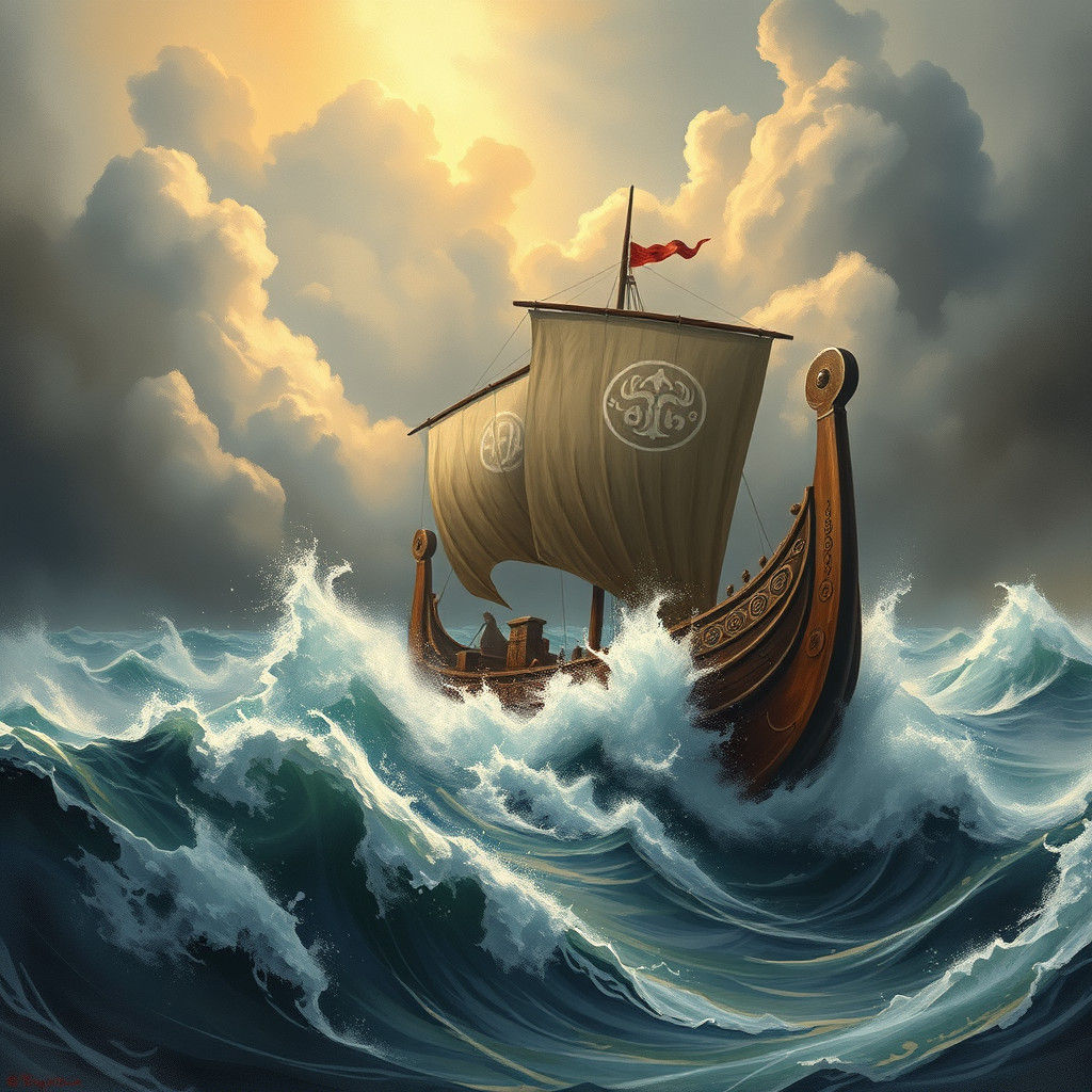 Viking Drakkar Battles Stormy Seas: Impressionist Seascape
