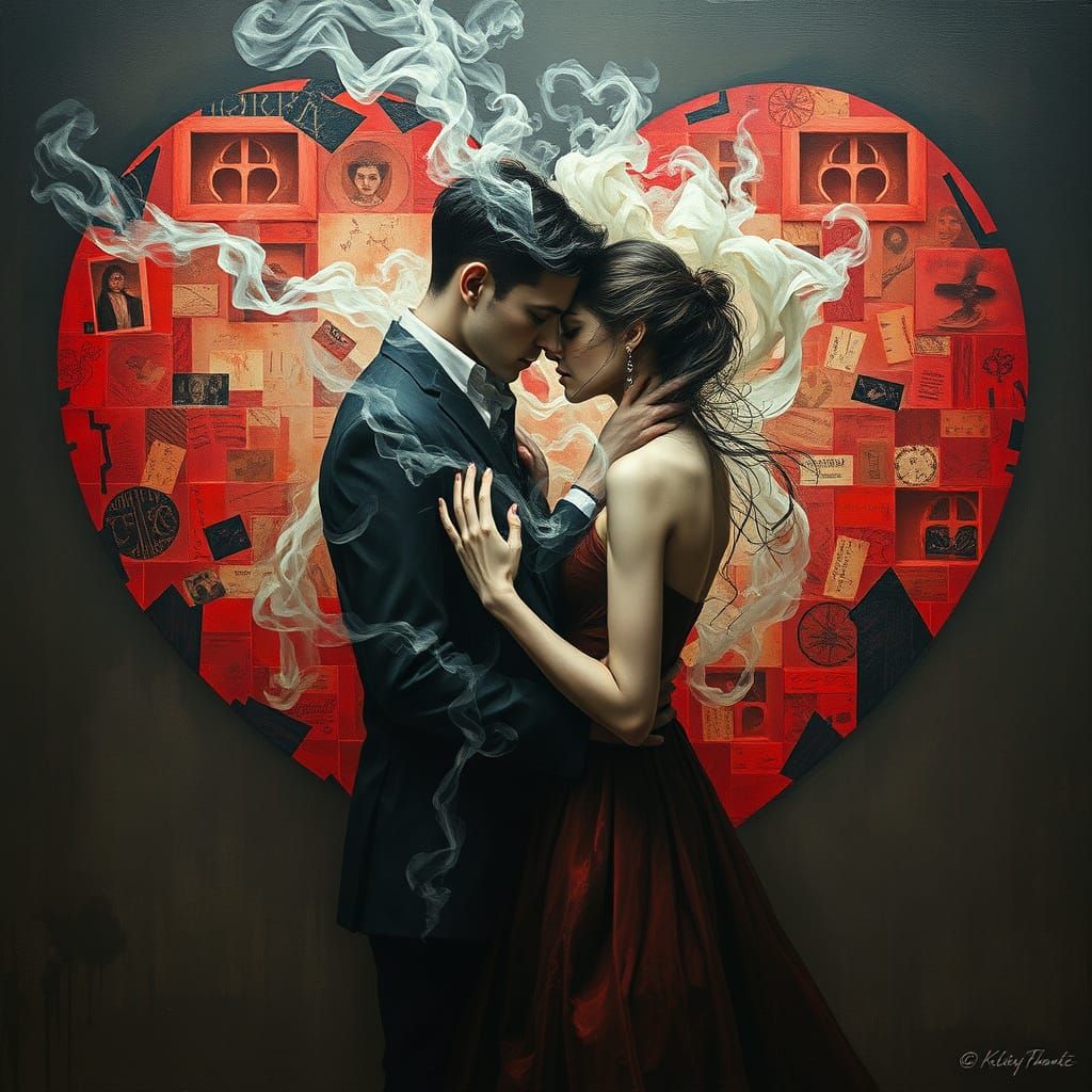 The Background is a large heart. Mysterious Man and a woman embrace, portrait in smoke and gossamer, Hearts in the patch...