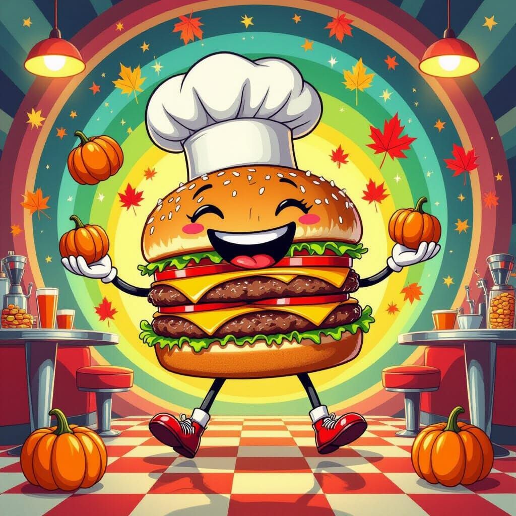 Whimsical Hamburger Chef Juggles Pumpkins in Cosmic Diner