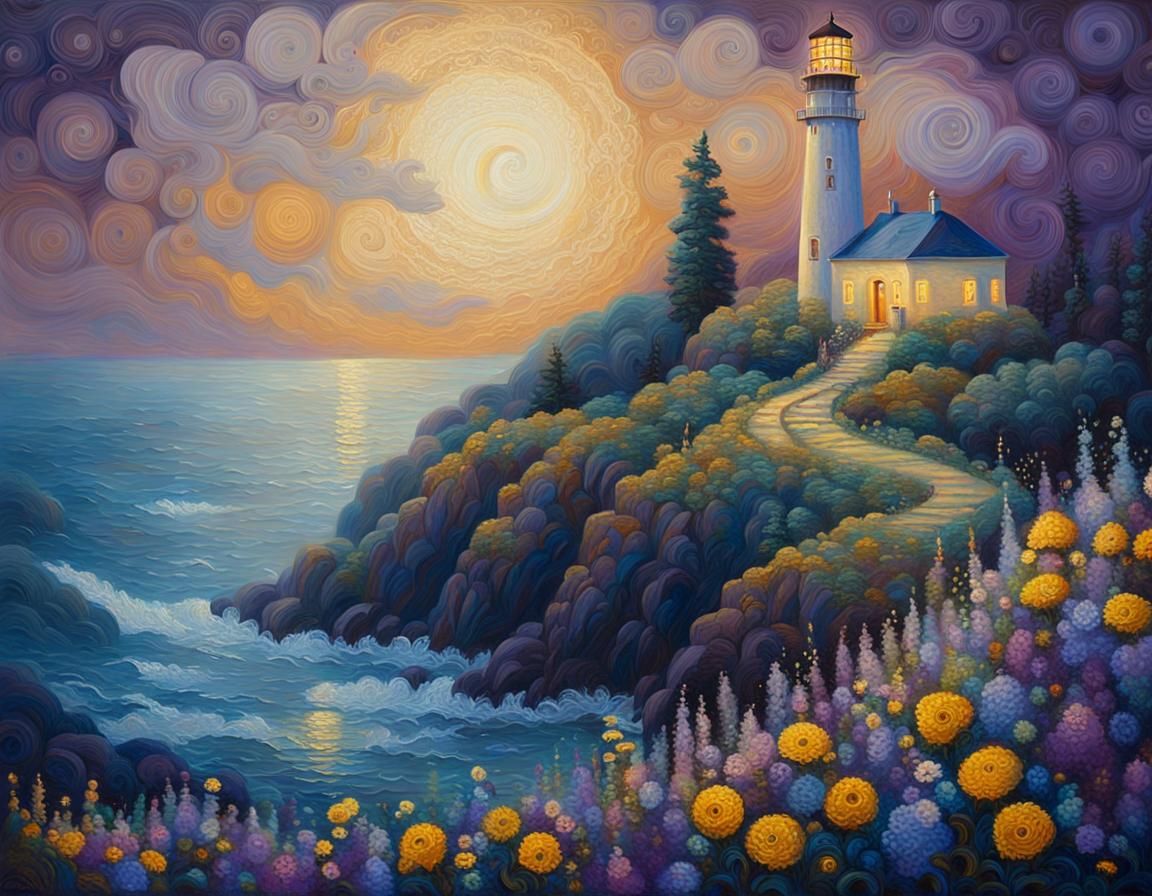 Lighthouse at Night in Art Nouveau Style