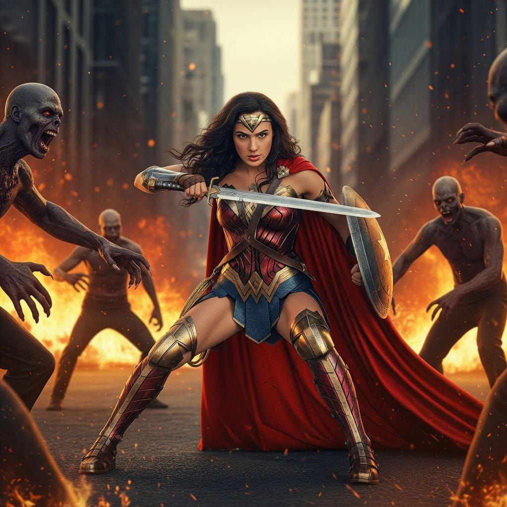 Wonder Woman Battles Zombie Horde in Hyperrealistic Style