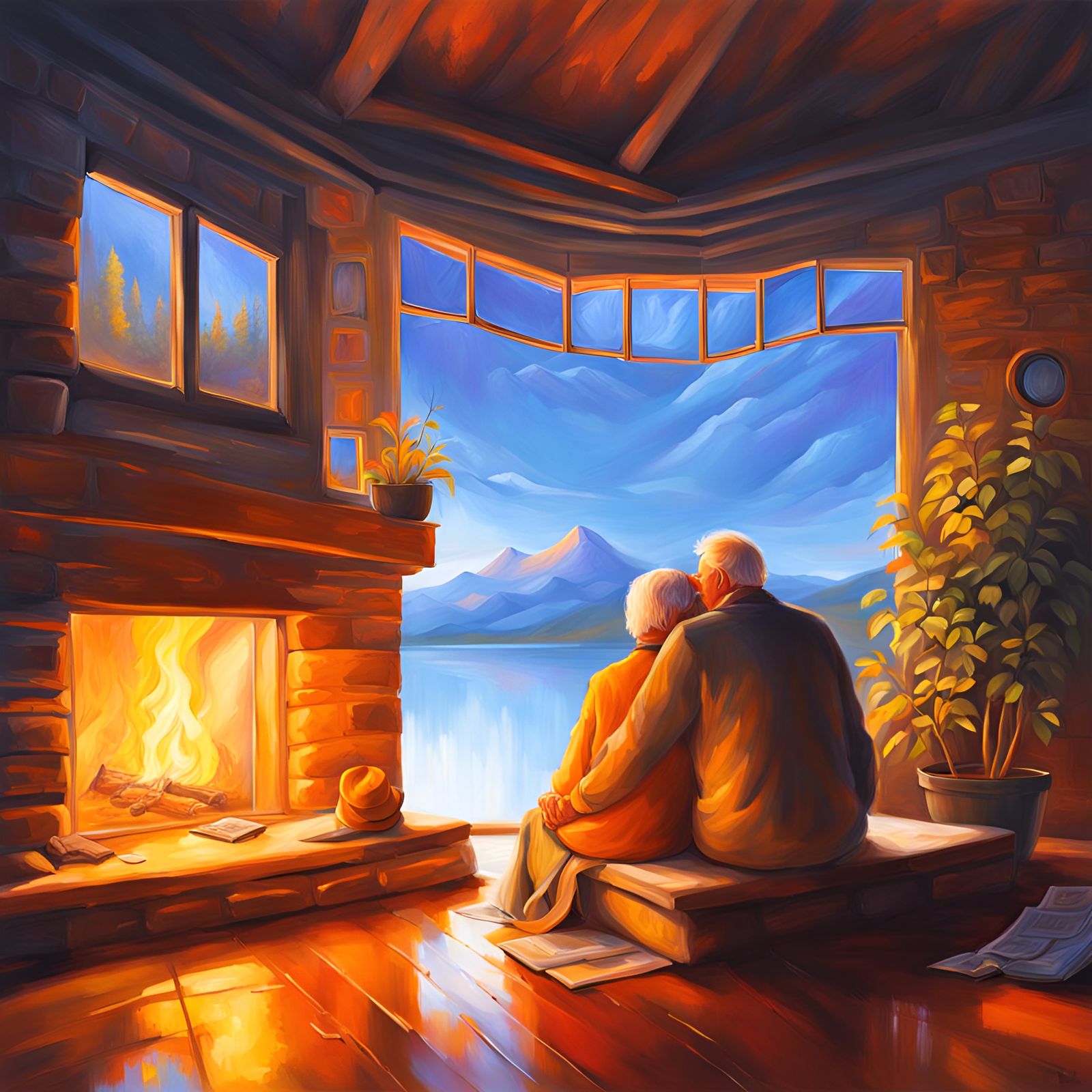 Cozy scene. Older couple. Huge window,   Landscape painting above the fireplace. Warm glow.