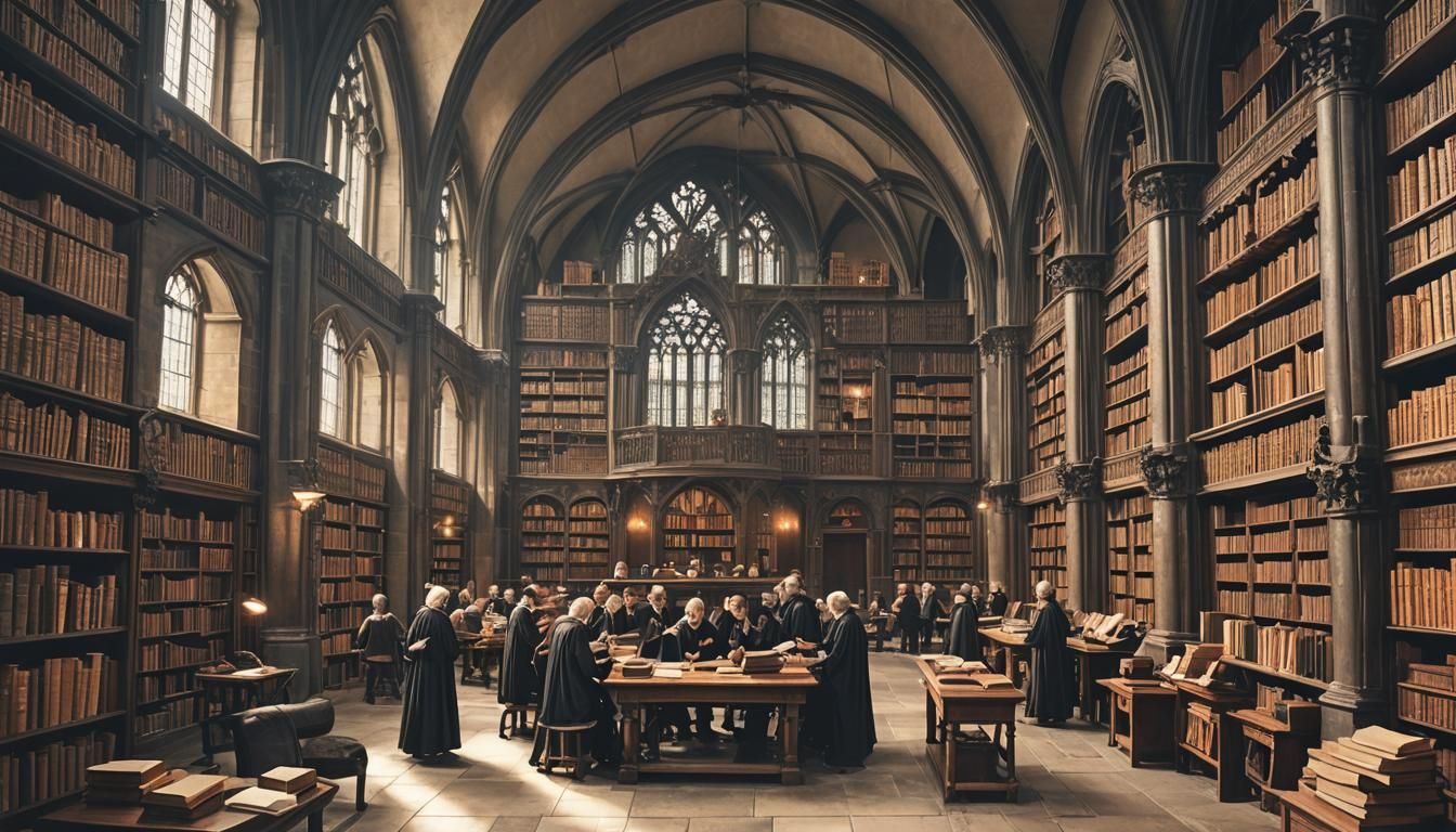 Gothic Library Scene with Readers and Ancient Books