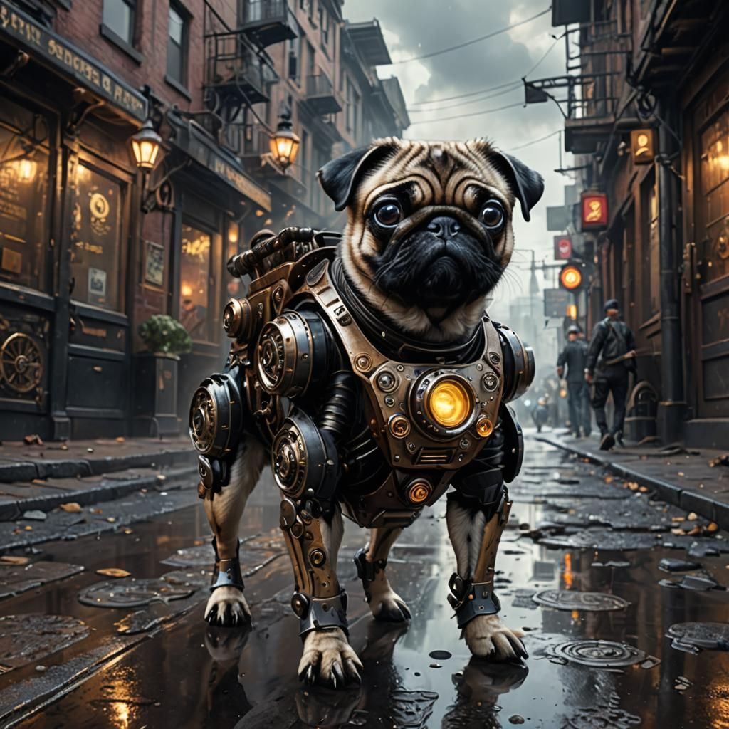 Steampunk Cyborg Pug on Urban Street as Oil Painting