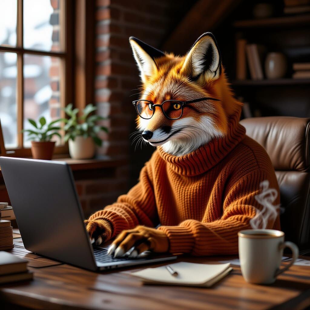 Red Fox at Computer Desk in Cozy Loft
