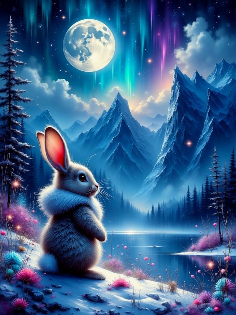 Small bunny looking up at the moonlight