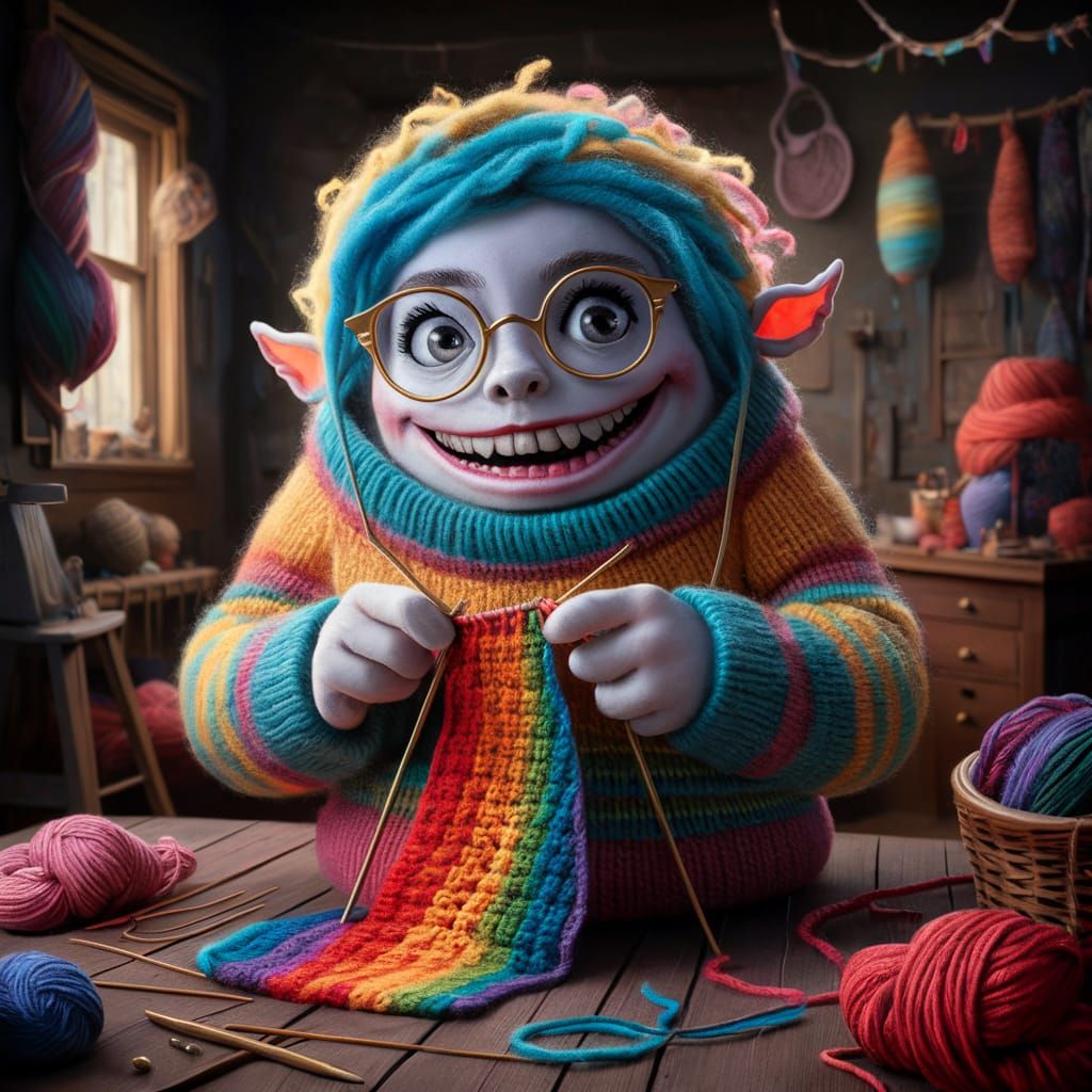 Yarn monster knitting a sweater, pop surrealism
