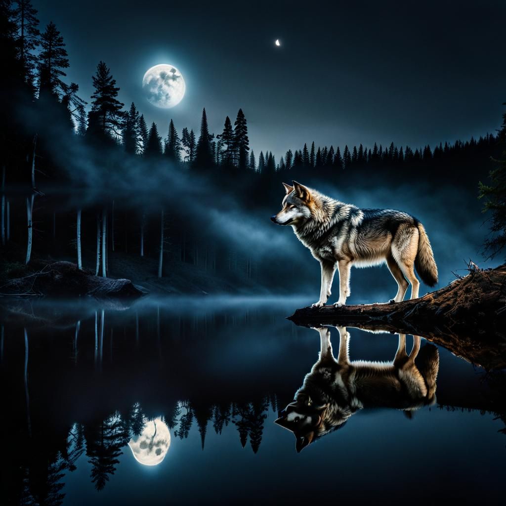 Majestic Wolf Howling at Moonlit Lake Reflection
