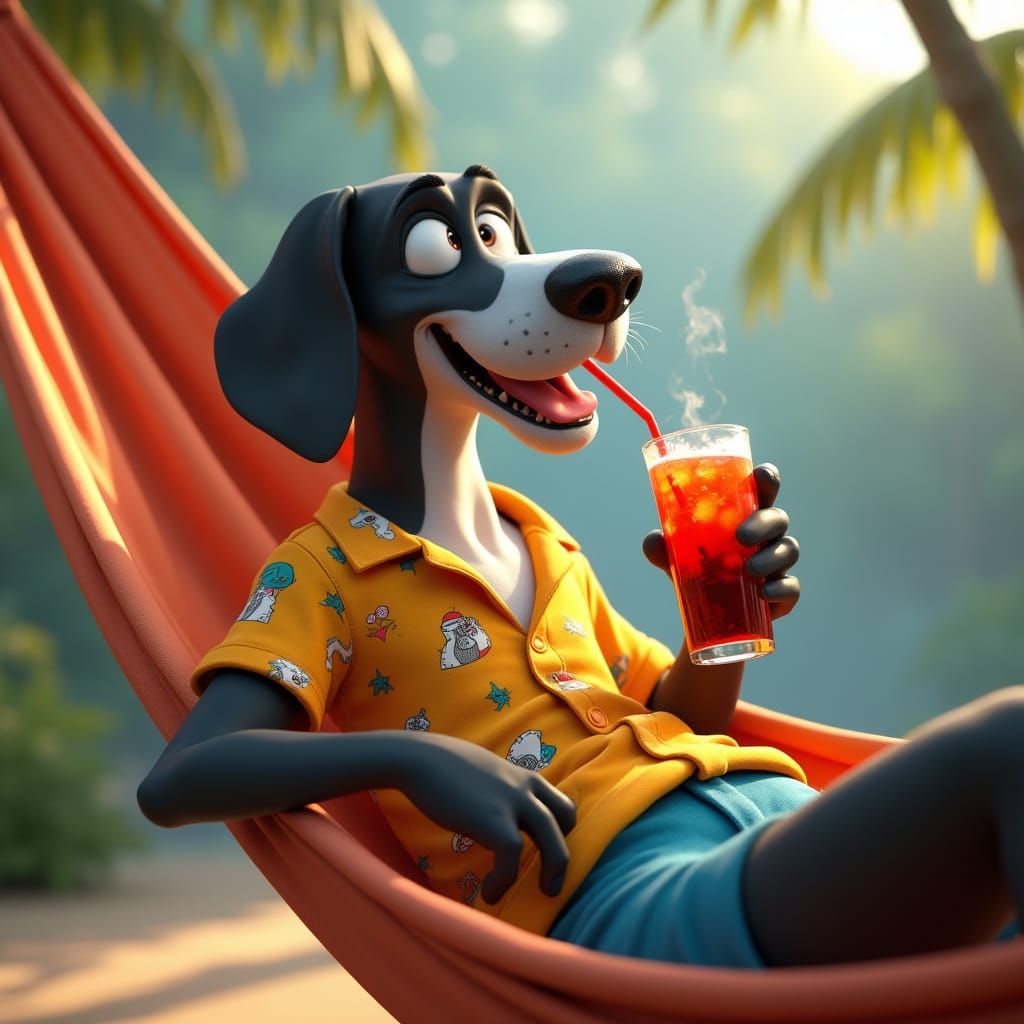 Happy Great Dane Lounging in Hammock, Pixar Style