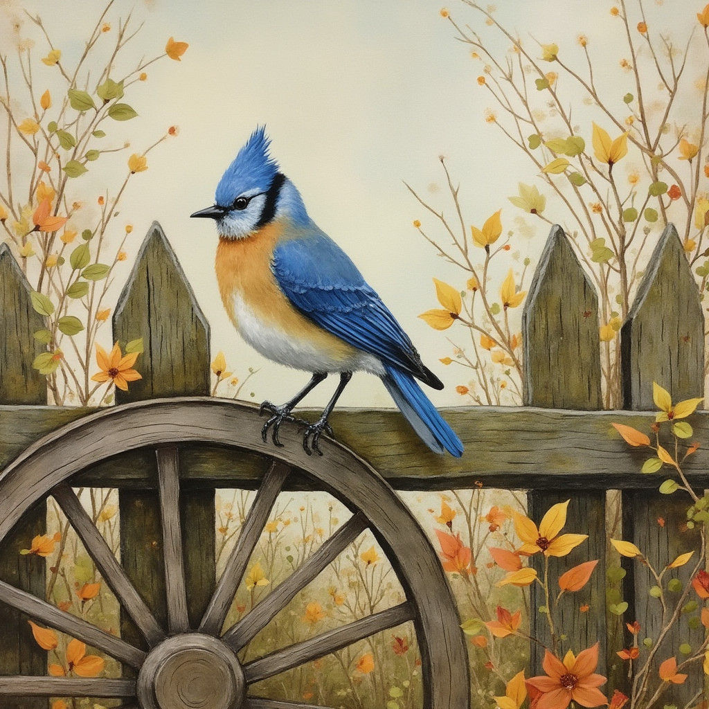 Bluebird and Autumn Flowers in Watercolor Style