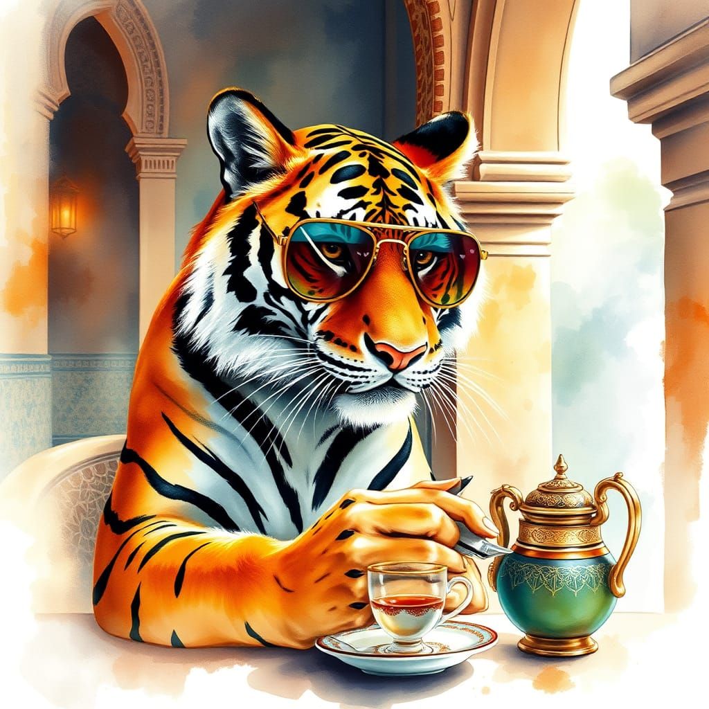 Anthropomorphic Bengal Tiger Sipping Tea: Watercolor Paintin...