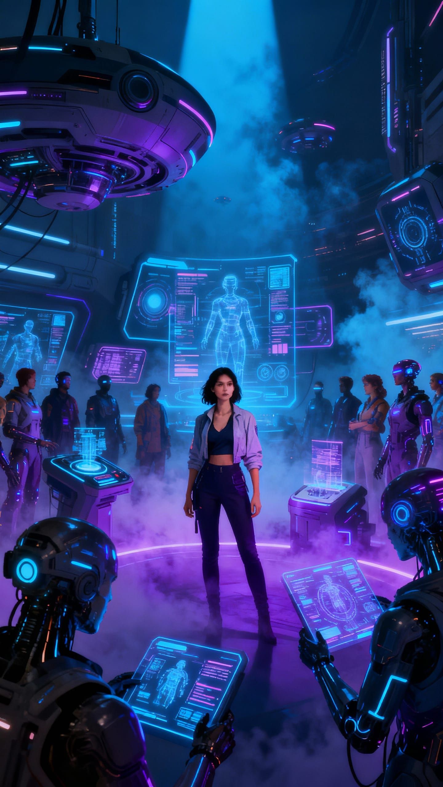 Woman in Future City Contrasts with Technology