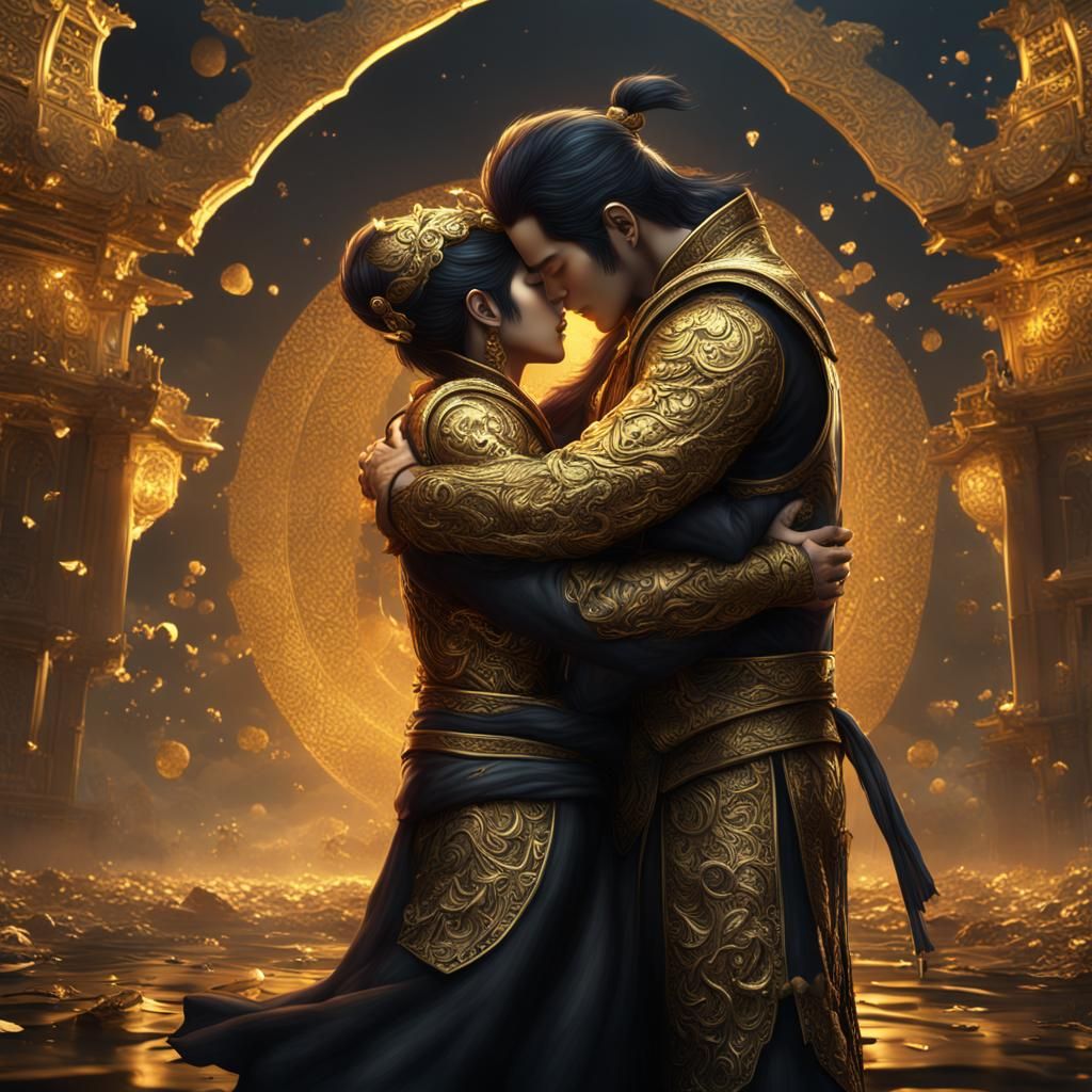 Embracing Men: Golden and Black Fantasy Art