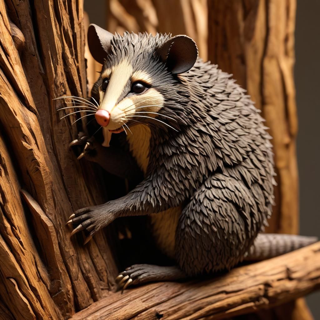 Possum's Triumph: Intricate Wood Carving in Folk Art Style