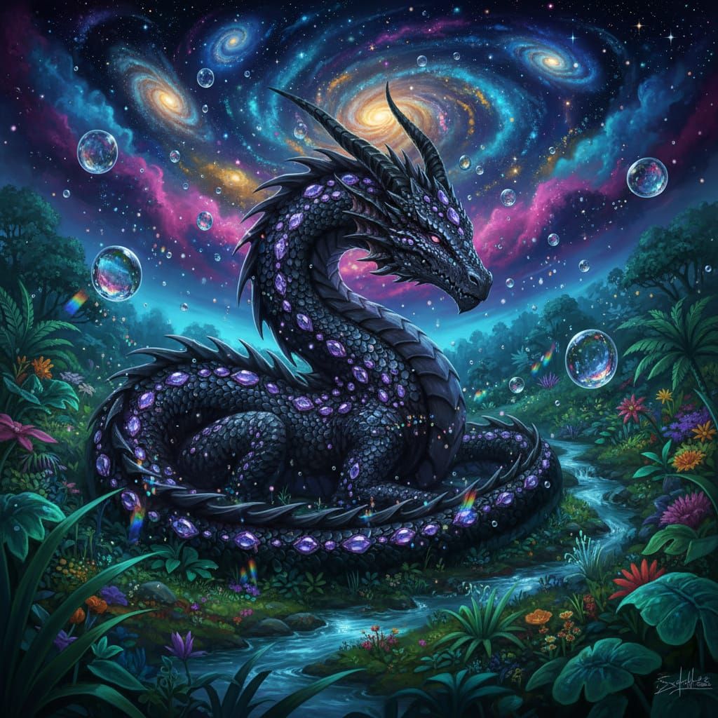 Vantablack Dragon with Emerald Scales in Galaxy Field