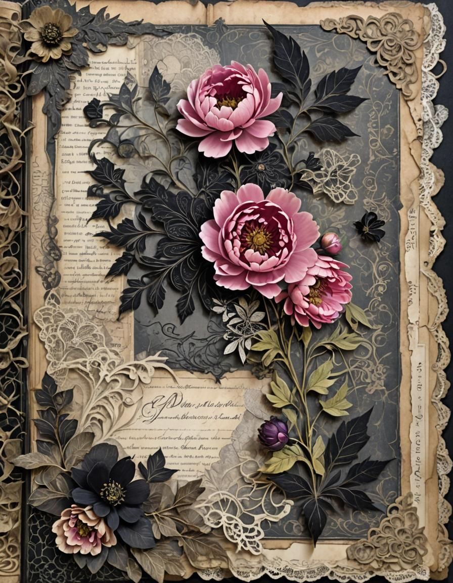 Gothic Fairytale Junk Journal Page with Peonies