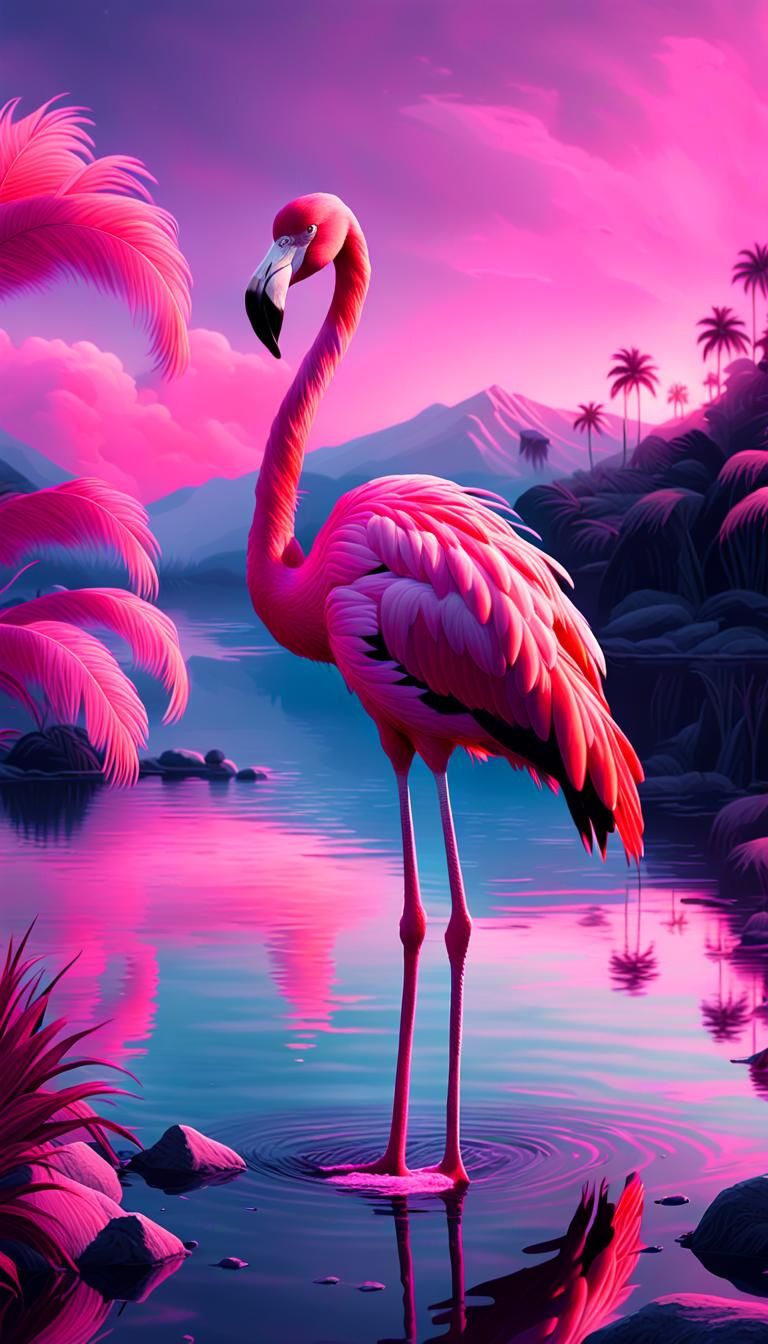 Vaporwave Flamingo on Serene Lake at Sunset