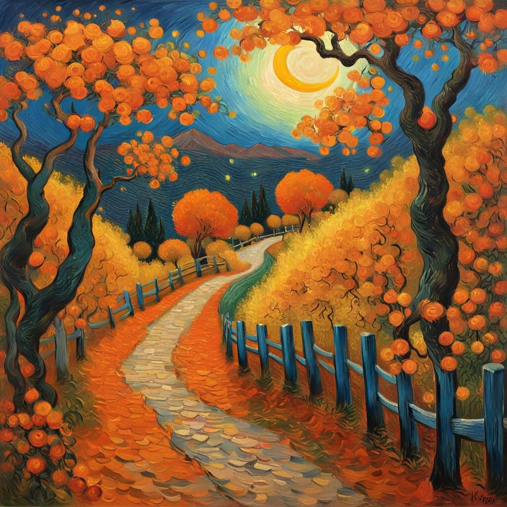 Golden Moonlit Path: A Van Gogh Style Oil Painting