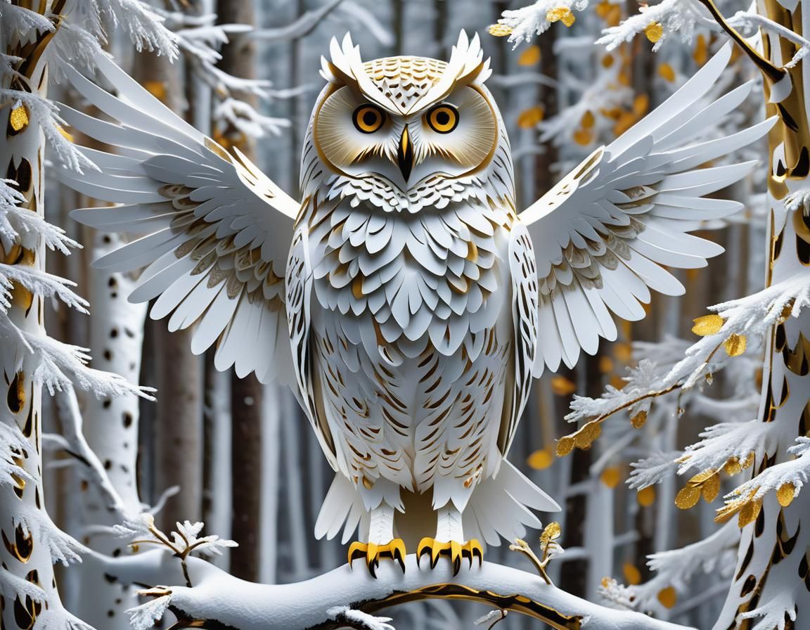 Kirigami Snowy Owl in Winter Forest