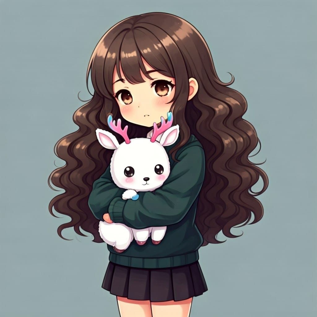 Japanese-Inspired Anime Girl Hugs Deer Plushie in Rainy Day