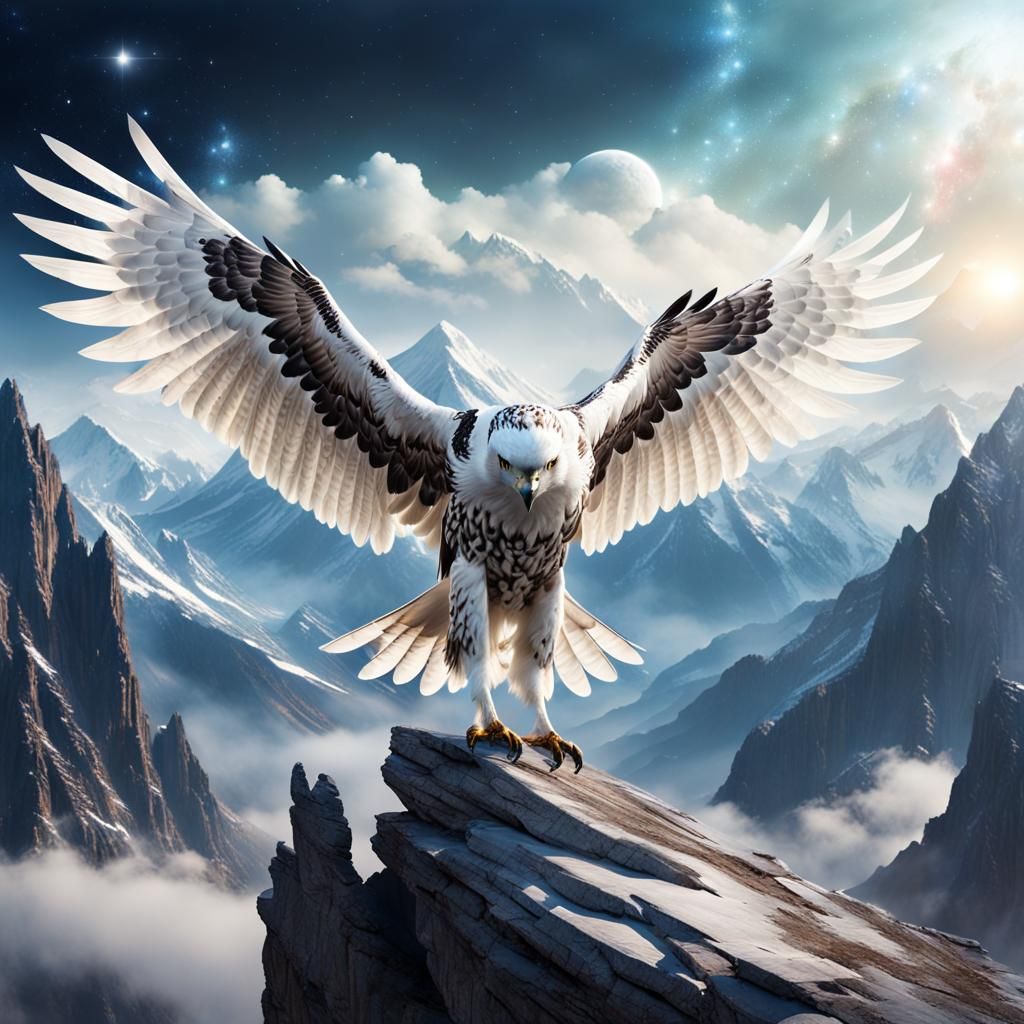 Hawk with White Wings and Galaxy Sky