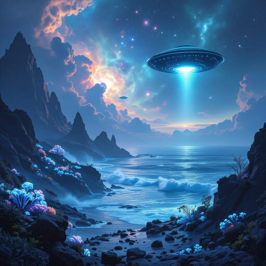 Alien Planet Landscape with Bioluminescent Flora and UFO