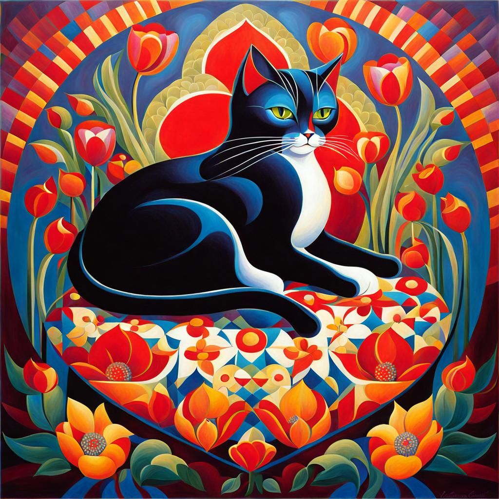 Cat Surrounded by Flowers in Cubist Surrealist Style
