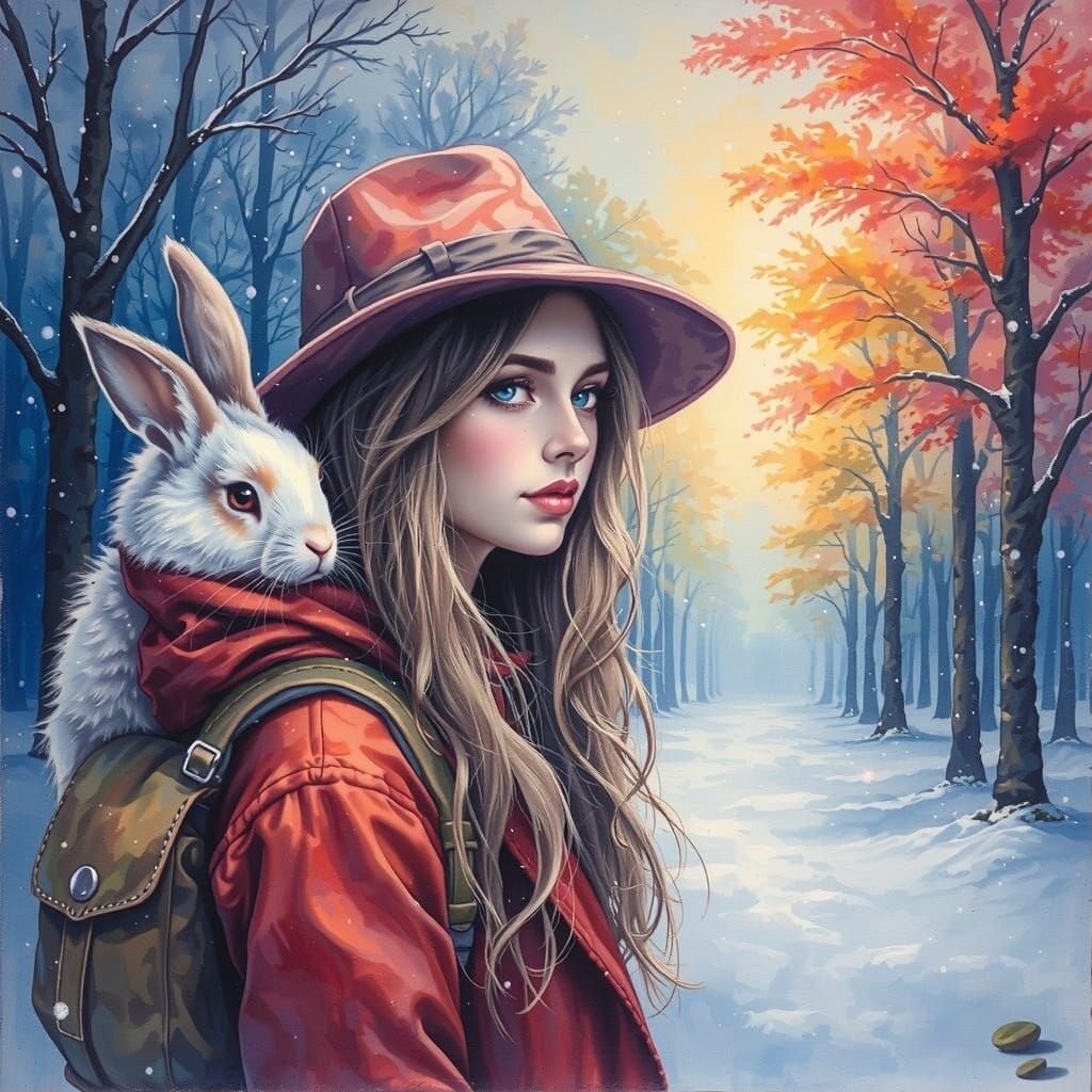 Girl with Bunny in Winter Wonderland Scene