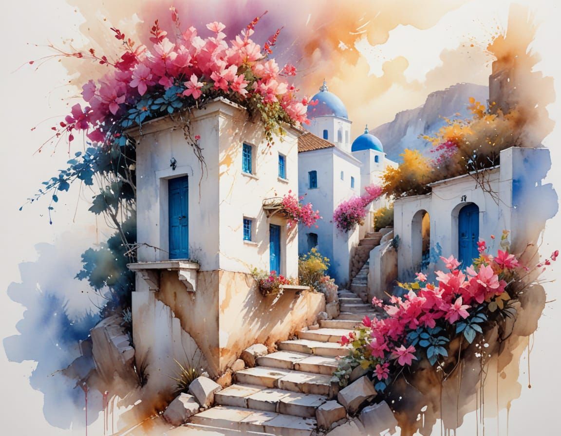 Cliffside Village in Watercolor Sunset Glow